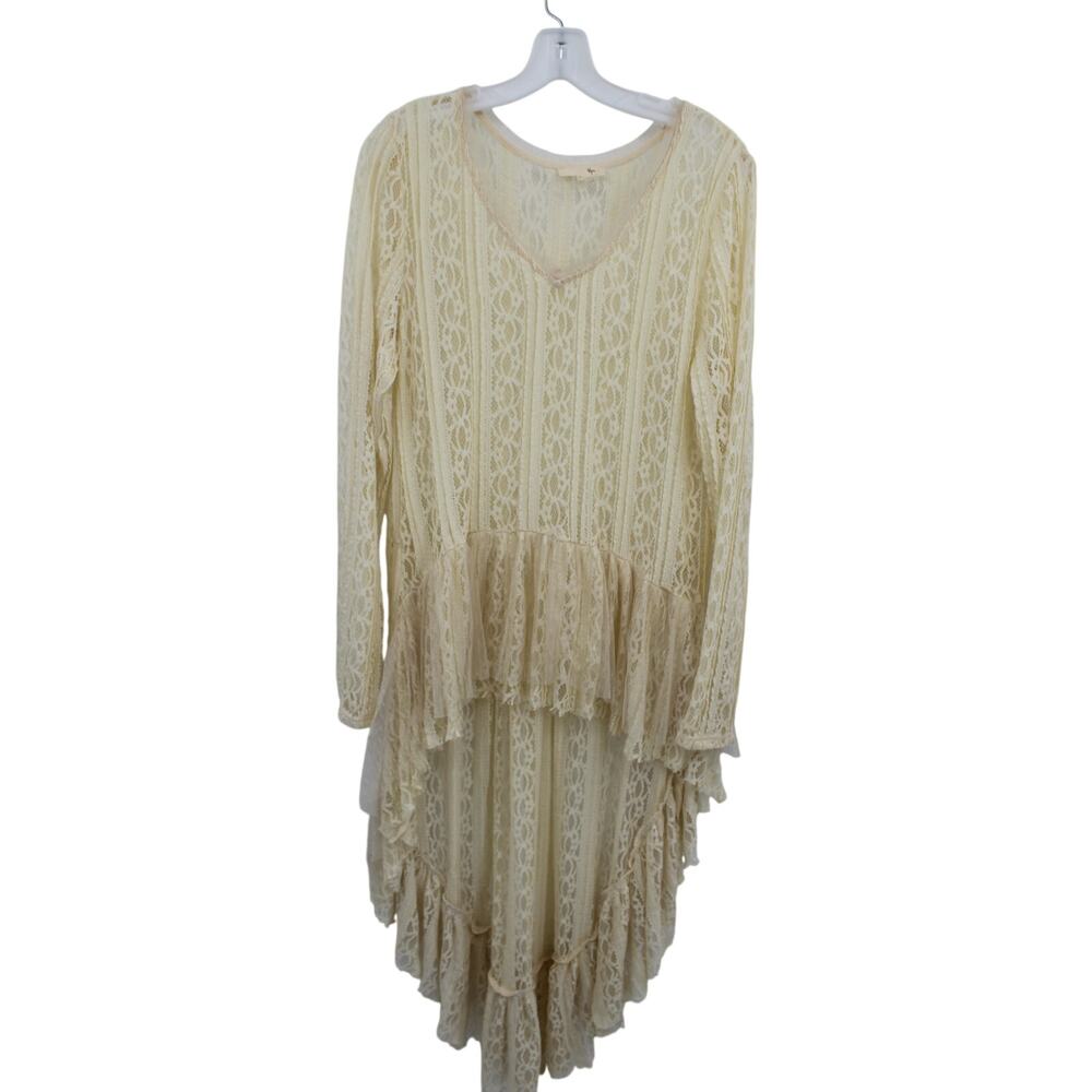 Ryu Lace Hi Lo Top Size Large Cream V Neck Boho Long sleeve Sheer